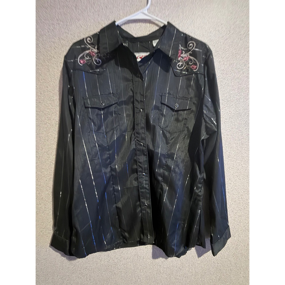 Roper Womens XL Black Metallic Striped Floral Embroidered Western Snap Shirt